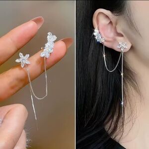 Sparkly S925 Silver Floral Flowers Ear Cuff Clip Chain Long Tassel Earrings